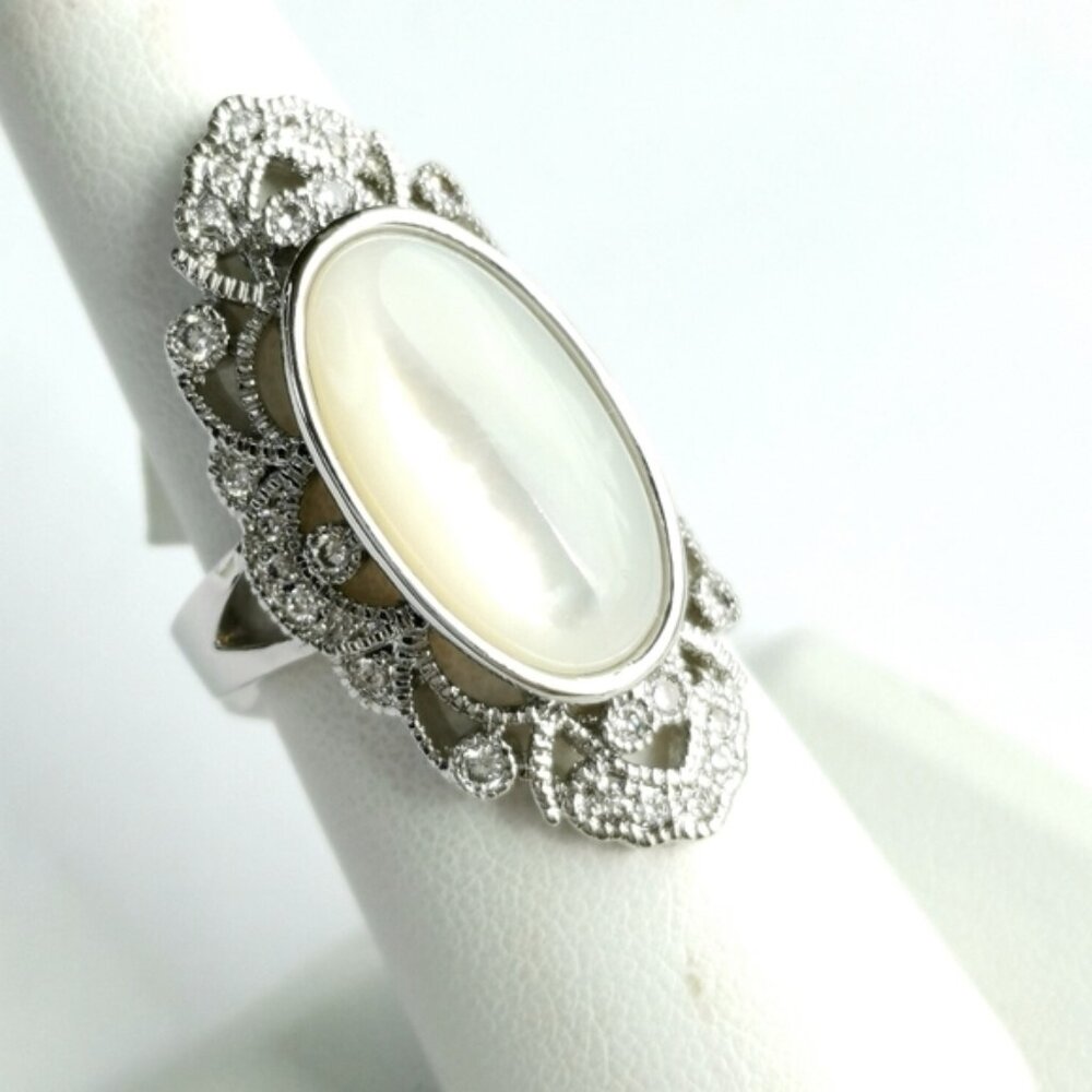 Elongated oval mother of pearl cz filigree ring 14k white gold